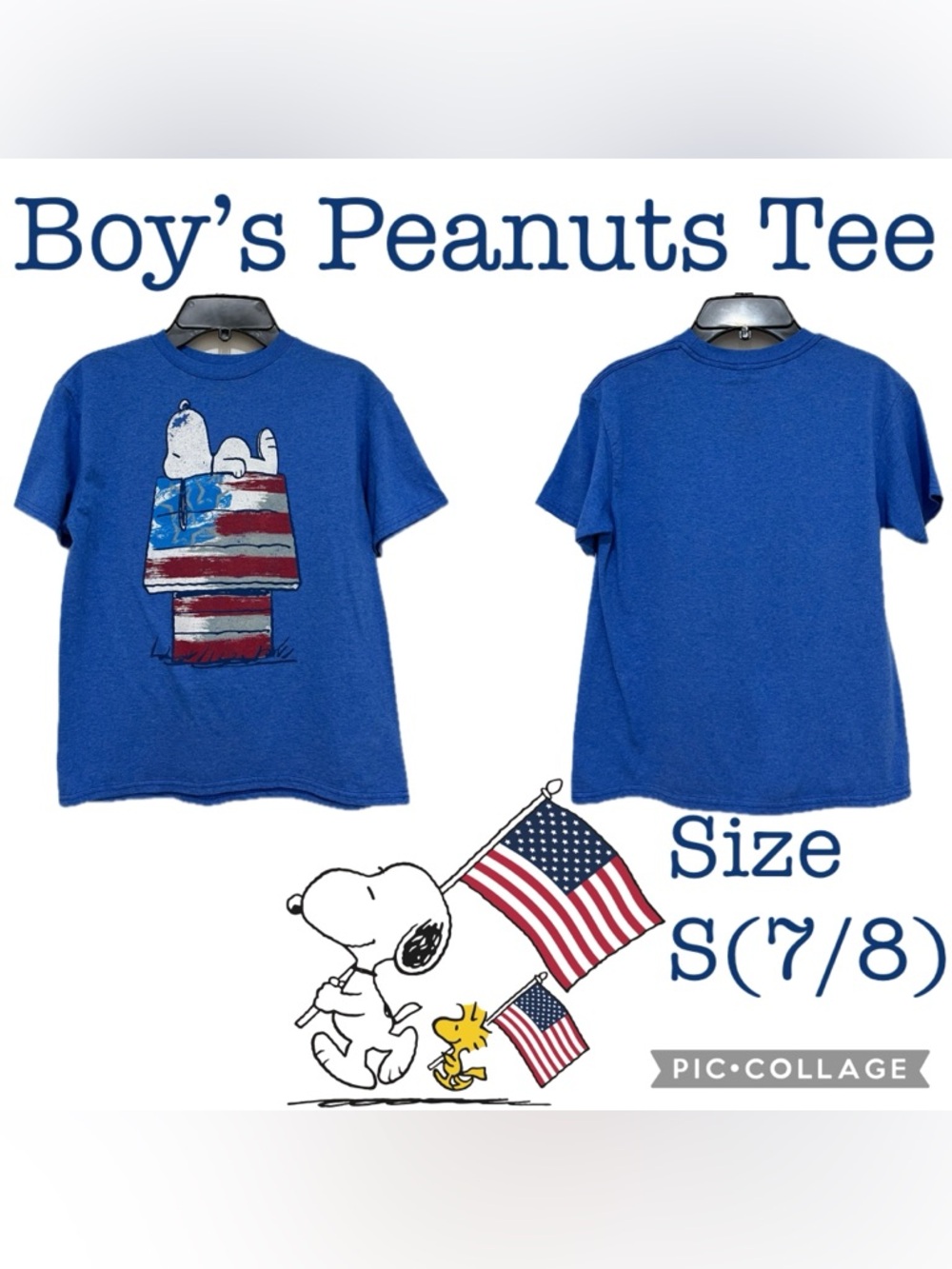 Boys Clothes Peanuts Snoopy on American Flag Colored Dog House Tee Size S(7/8)
